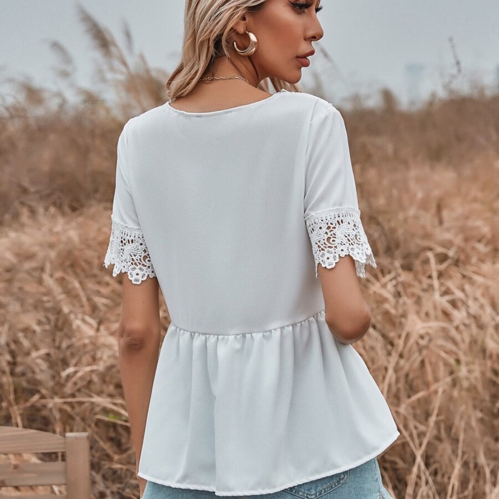 boho floral print lace babydoll peplum white top - Picture 4 of 5